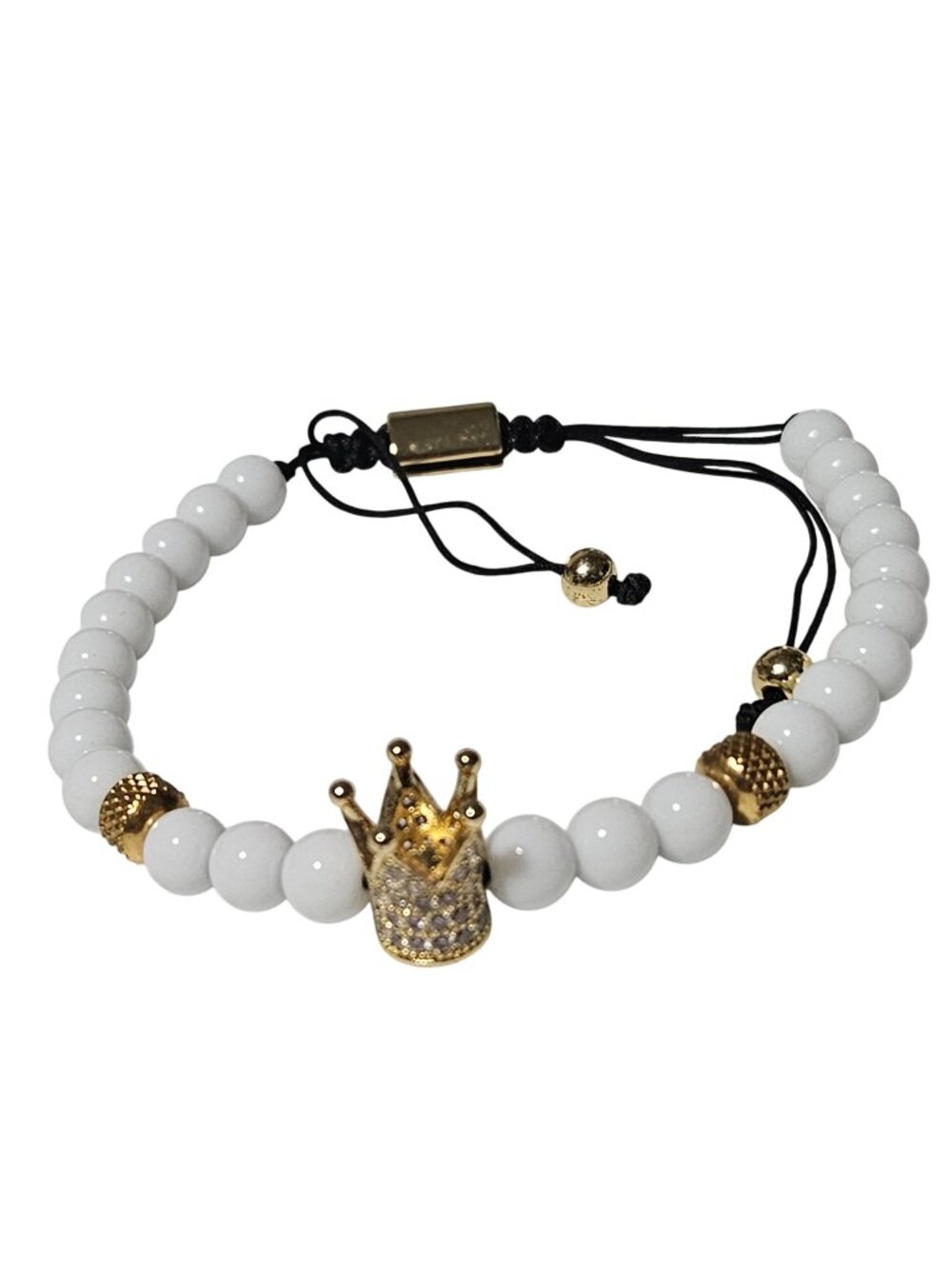 Elegant Gold Crown Charm Bracelet White Beaded Stretch Rhinestone Accents Women